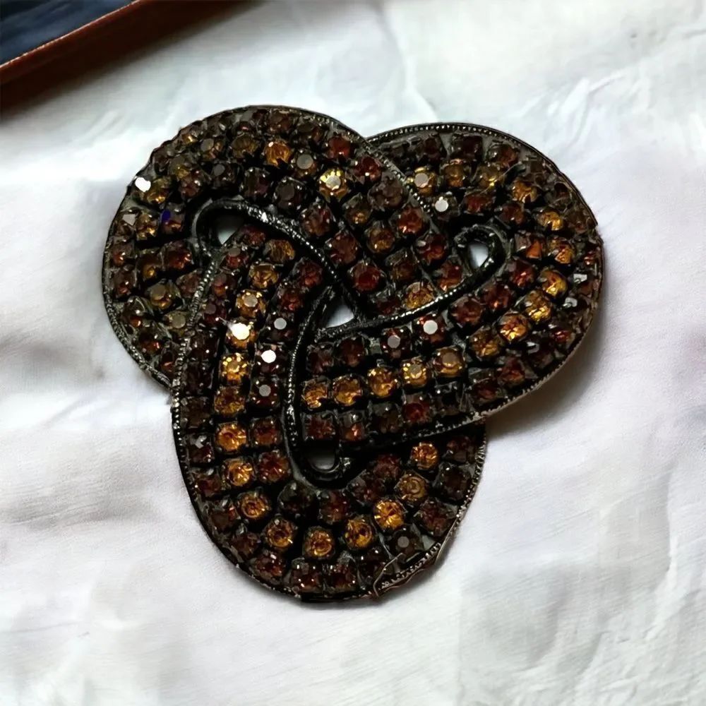 Vintage LMD Dark Orange And Citrine Color Rhinestone Knot Brooch